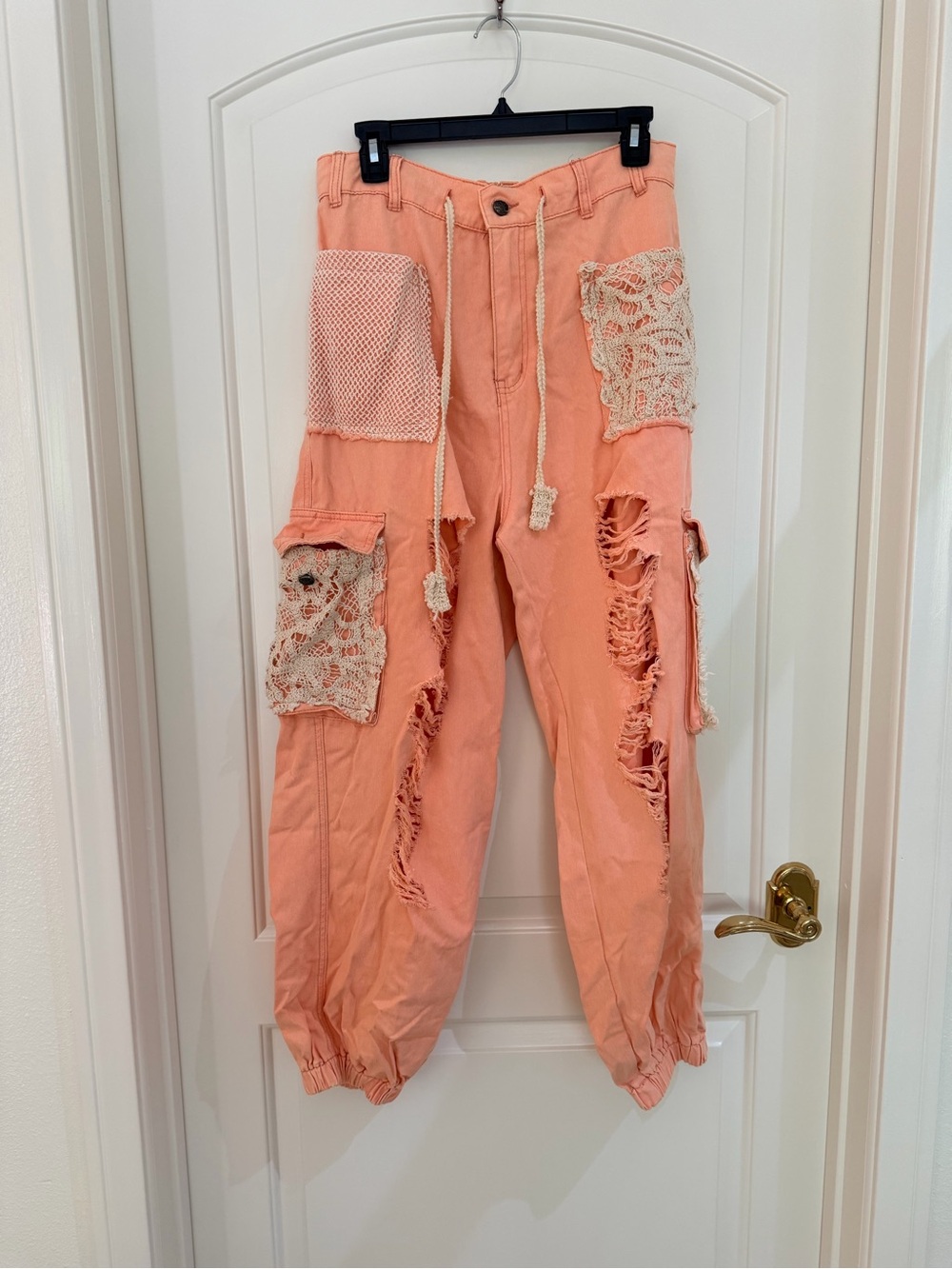 POL Peach Crochet Patch Distressed Cargo Pants - Picture 1 of 3